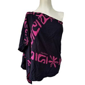 Nahe Wahine Black Pink Flowy One Shoulder Batwing Waterfall Sleeve Blouse XS
